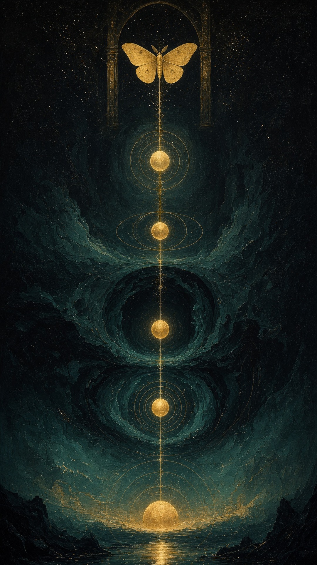 A moth on a vertical path of five lights.